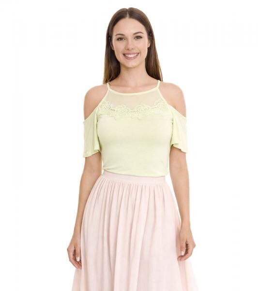 MELROSE Damen Off-Shoulder-Shirt mit Blumenborder elegantes Ausgeh-Top 11037716 Gr&uuml;n