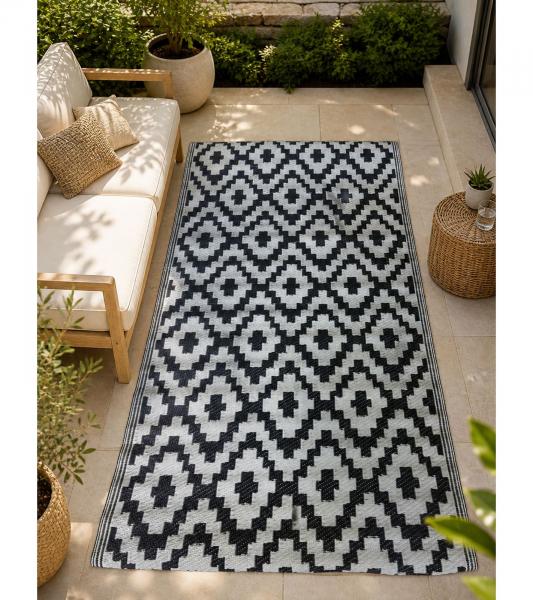 Moderner Outdoor-Teppich im Rauten-Design Garten-Teppich Dekoteppich ca.90 x 150cm Wei&szlig;/Schwarz