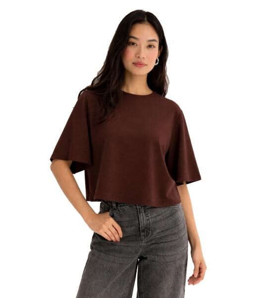 Modernes Damen Oversize T-Shirt aus bequemem Punto-di-Roma Material mit Rei&szlig;verschluss hinten 966086 Braun