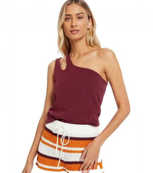 nachhaltiges Damen Sommer-Top asymmetrisches Freizeit-Top Baumwoll-Shirt 979632 Weinrot