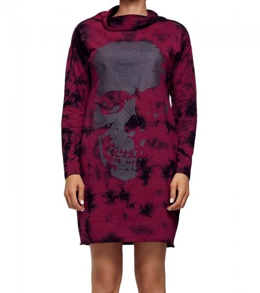 ROCKUPY Damen Sweat-Kleid mit Totenkopf-Print Pullover-Kleid Langarm-Kleid W-393822 Bordeaux/Schwarz