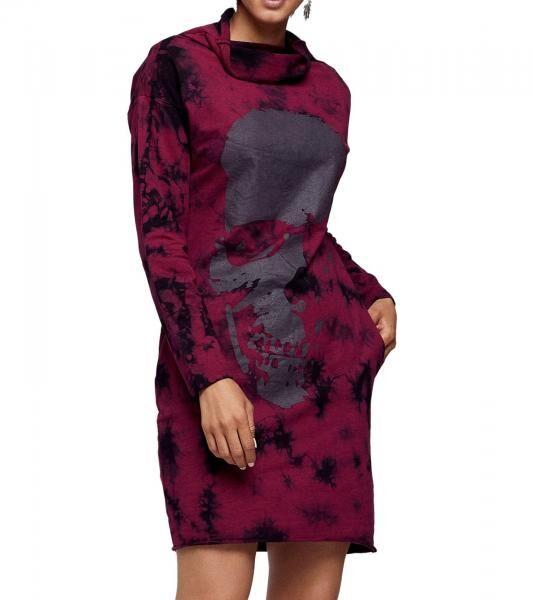 ROCKUPY Damen Sweat-Kleid mit Totenkopf-Print Pullover-Kleid Langarm-Kleid W-393822 Bordeaux/Schwarz