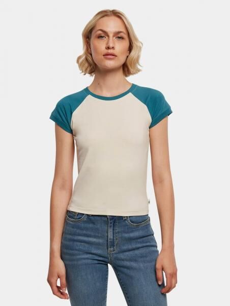 sportliches Urban Classics Damen T-Shirt Stretch 180 g/m&sup2; mit Baumwolle Creme-Wei&szlig;/Petrol-Blau