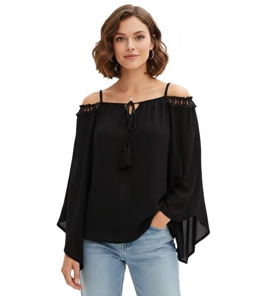 stilvolle Damen Bluse Off-Shoulder Shirt mit Carmen-Ausschnitt und Fledermaus&auml;rmeln Sommer-Bluse 936235 Schwarz