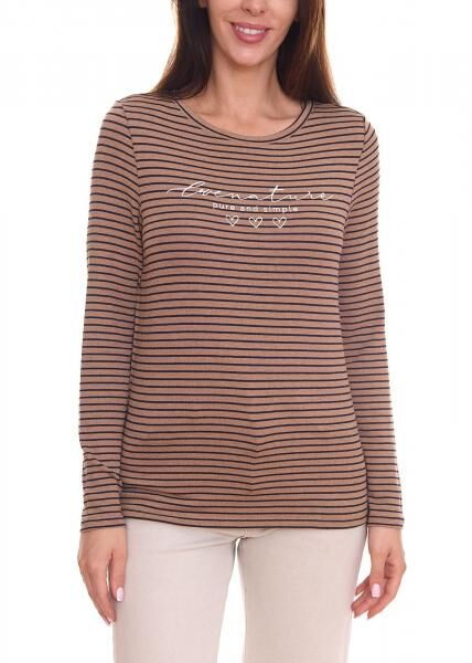 Street One Damen Langarm-Shirt gestreifter Pullover mit Schriftzug auf der Front 23254627 Braun