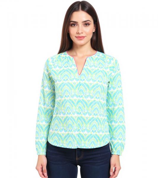 ZWILLINGSHERZ Damen Baumwoll-Bluse Sommer-Bluse Tunika-Shirt 33236-88 Gr&uuml;n/Wei&szlig;/Blau