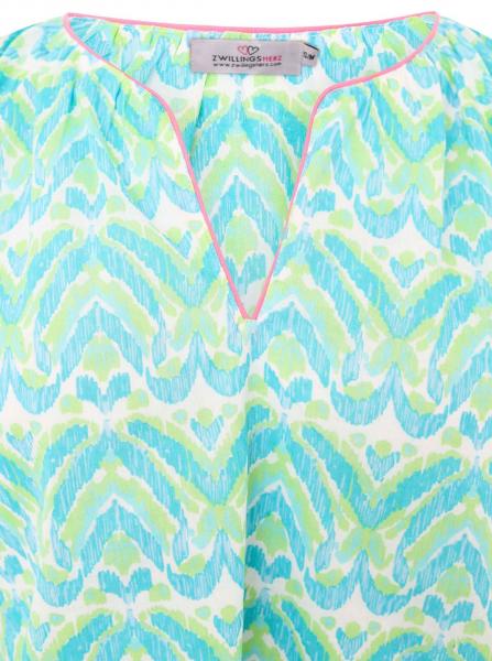ZWILLINGSHERZ Damen Baumwoll-Bluse Sommer-Bluse Tunika-Shirt 33236-88 Gr&uuml;n/Wei&szlig;/Blau