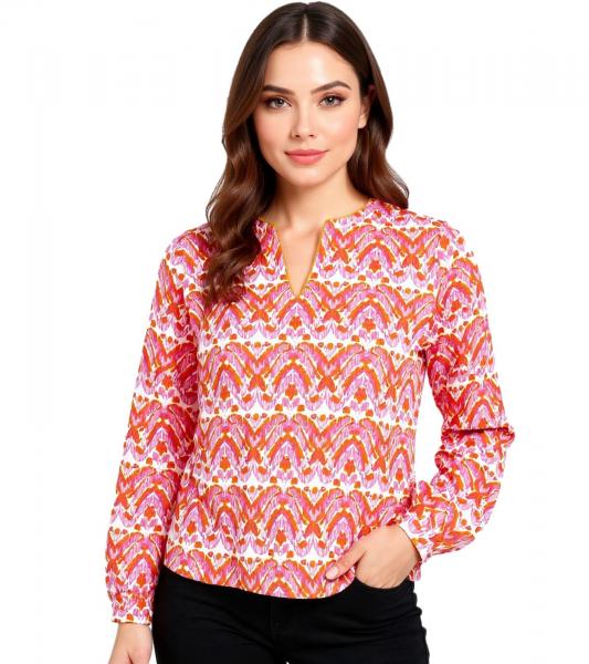 ZWILLINGSHERZ Joyful Damen Sommer-Bluse Tunika-Shirt mit Ornamenten 33236-13 Orange/Pink/Wei&szlig;