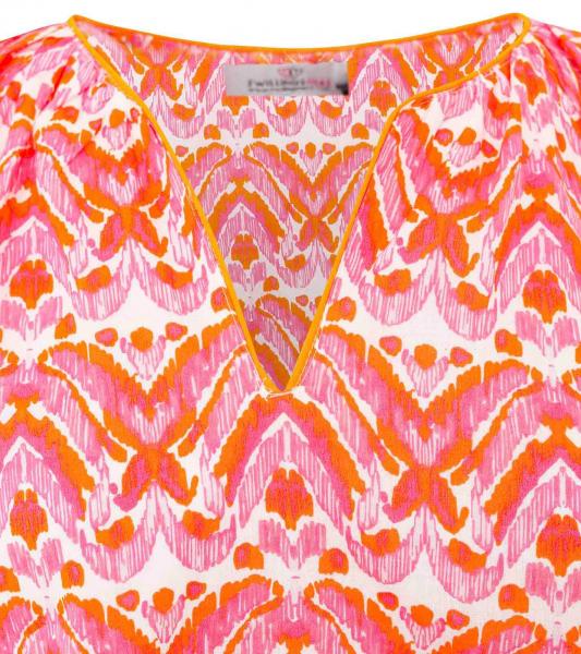 ZWILLINGSHERZ Joyful Damen Sommer-Bluse Tunika-Shirt mit Ornamenten 33236-13 Orange/Pink/Wei&szlig;