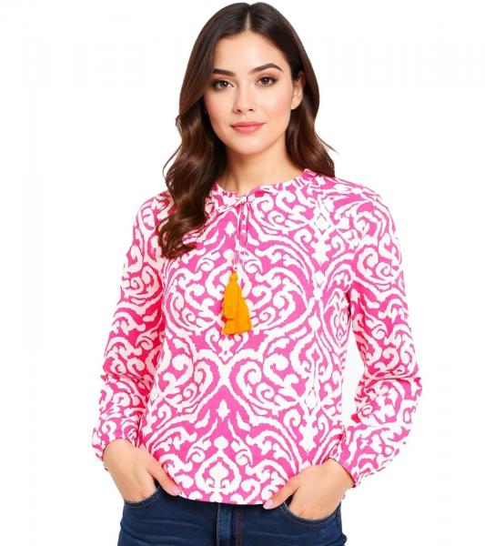 ZWILLINGSHERZ Ornamente Damen Sommer-Bluse Tunika-Shirt mit Quasten 33223-13 Orange/Wei&szlig;/Pink