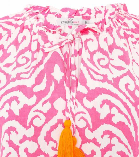 ZWILLINGSHERZ Ornamente Damen Sommer-Bluse Tunika-Shirt mit Quasten 33223-13 Orange/Wei&szlig;/Pink