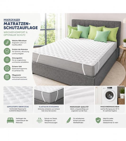 Mikrofaser-Matratzen-Schutzauflage mit 4 Spanngummis Schutz-Bezug passend f&uuml;r Matratzengr&ouml;&szlig;en 90x190cm bis 100x200cm 9983638 Wei&szlig;