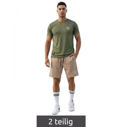2-teiliges ON THAT ASS Bolt Herren Sport-Set Performance Set Gym Outfit mit T-Shirt & Shorts Grün/Beige 