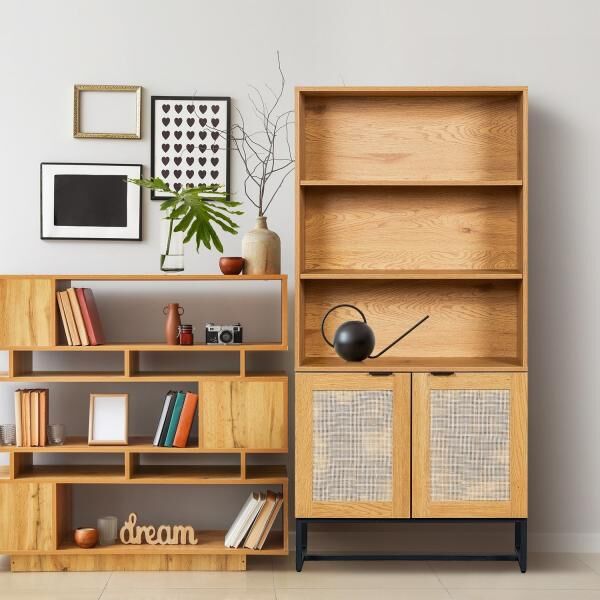 B&uuml;cherregal Capri 168 cm mit Rattanfronten, Metallgestell, Boho-Stil
