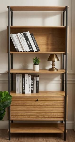 B&uuml;cherregal Lattes 175 cm, Metall schwarz mit Eichedekor, Loft-Stil