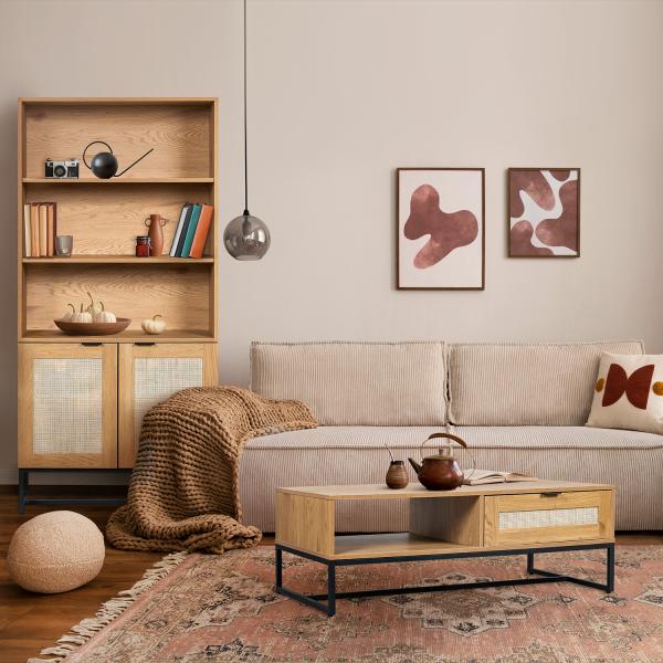 Couchtisch Capri 120 x 60 cm mit Rattanfront und Schublade, Boho-Stil