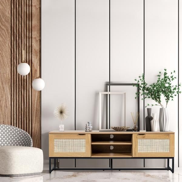 Couchtisch Capri 120 x 60 cm mit Rattanfront und Schublade, Boho-Stil