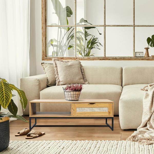 Couchtisch Capri 120 x 60 cm mit Rattanfront und Schublade, Boho-Stil