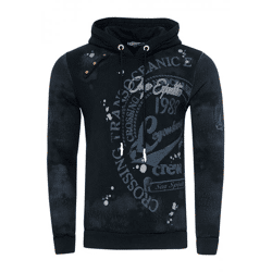 Exklusiver Herren Kapuzen-Pullover Oil-Washed Hoodie mit Knopfleiste und Sea-Print Sweater 19128 Schwarz