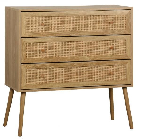 Kommode Ballo mit 3 Schubladen, Kiefernholz und Rattan, Boho-Stil