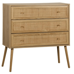 Kommode Ballo mit 3 Schubladen, Kiefernholz und Rattan, Boho-Stil