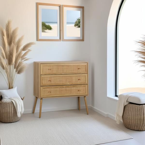 Kommode Ballo mit 3 Schubladen, Kiefernholz und Rattan, Boho-Stil