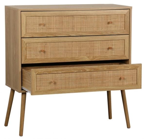 Kommode Ballo mit 3 Schubladen, Kiefernholz und Rattan, Boho-Stil