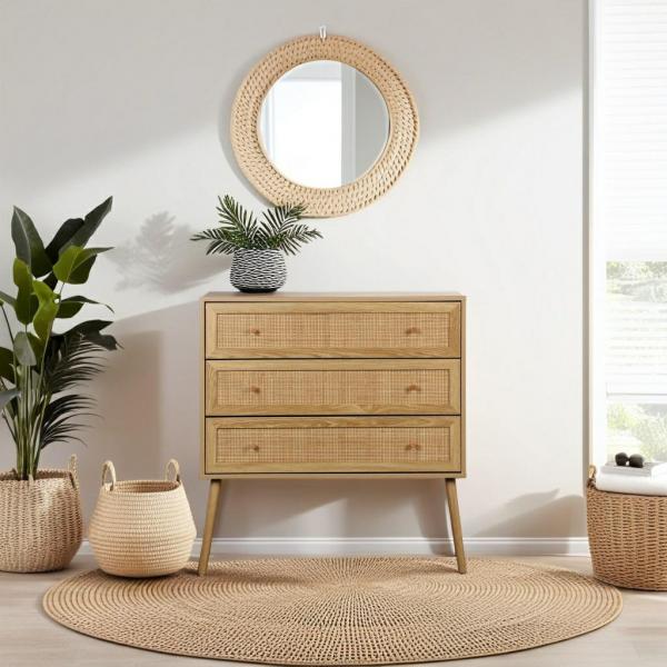 Kommode Ballo mit 3 Schubladen, Kiefernholz und Rattan, Boho-Stil