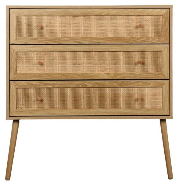 Kommode Ballo mit 3 Schubladen, Kiefernholz und Rattan, Boho-Stil