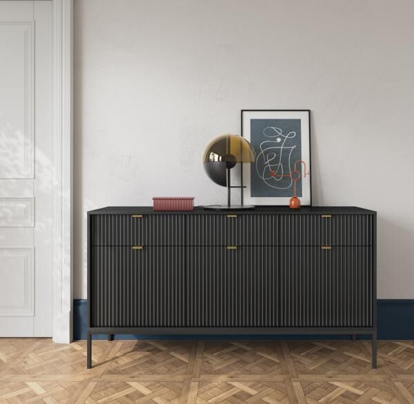 Kommode Delicious 2 gross, schwarz mit goldenen Griffen, Glamour-Stil