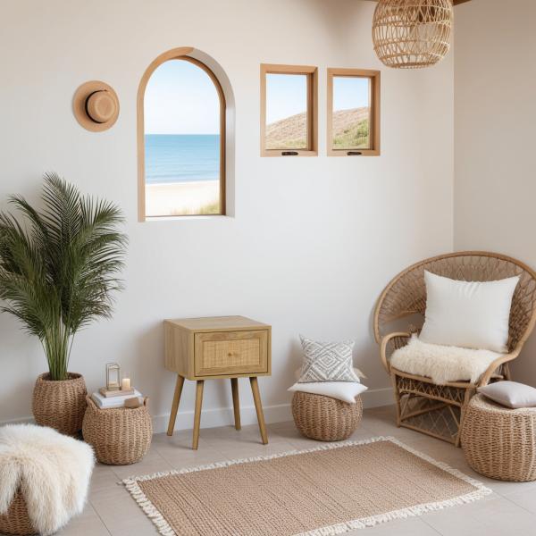 Nachttisch Ballo mit Schublade, Rattanfront, Eiche natur, Boho-Stil