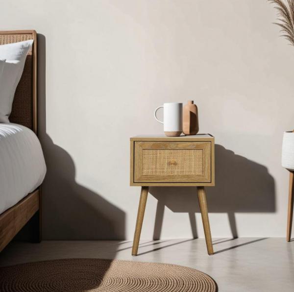 Nachttisch Ballo mit Schublade, Rattanfront, Eiche natur, Boho-Stil