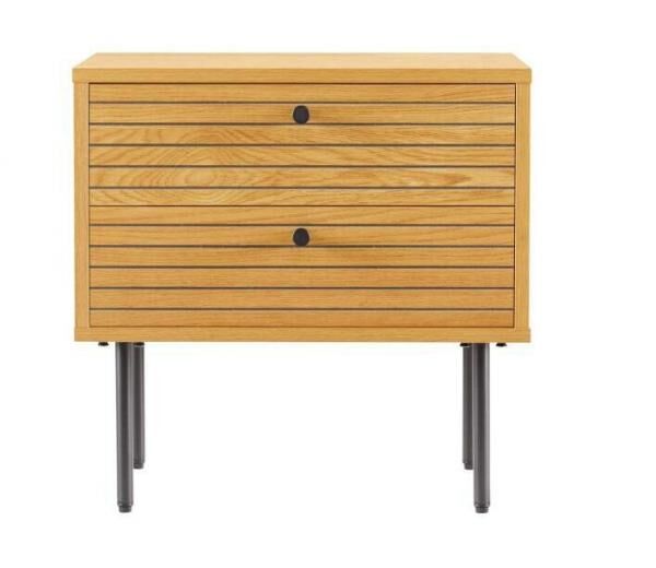 Nachttisch Lattes 50 x 40 cm mit 2 Schubladen, Eiche und schwarzes Metall