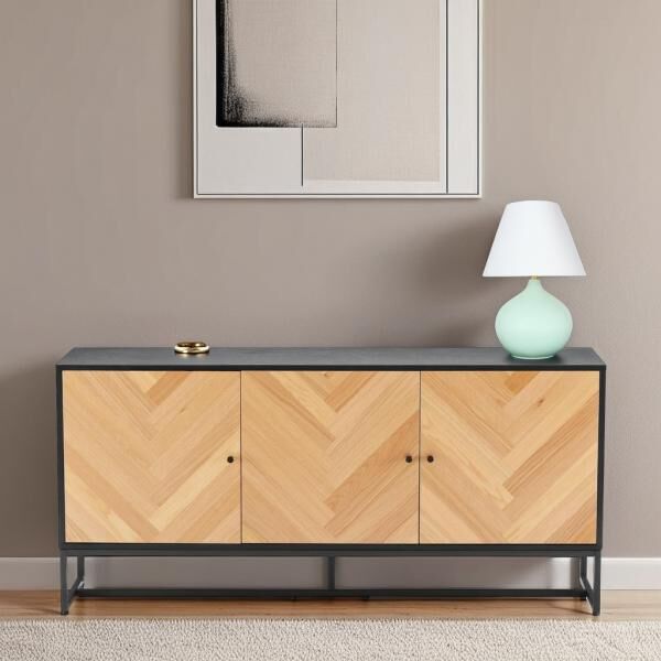 Sideboard Clar 160 cm, Eiche und Schwarz, Fischgr&auml;tfronten, Kufengestell