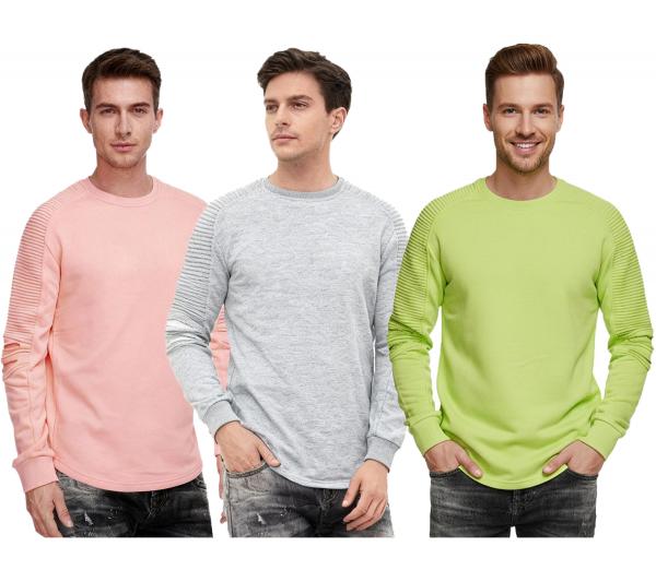 Urbanes Sweatshirt f&uuml;r Herren mit geripptem &Auml;rmeldesign Pullover Sweater 19056 in Rosa, Grau oder Gr&uuml;n