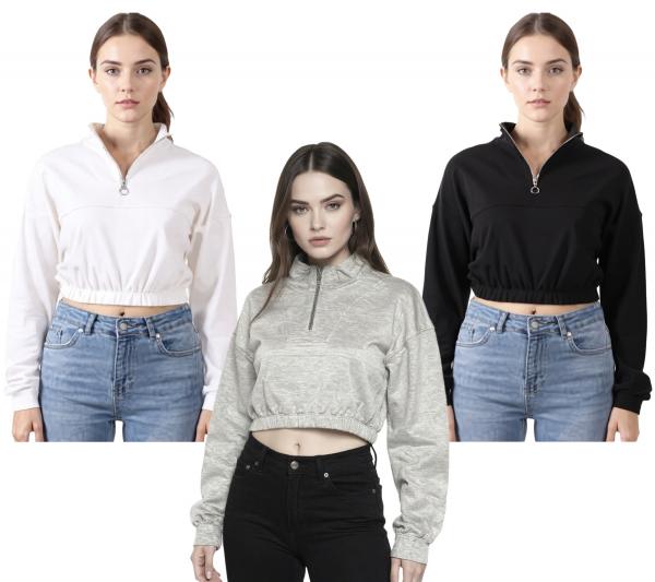 ZEGY Damen Crop-Pullover Half Zip Langarm-Shirt Baumwoll-Pulli Cropped 1073 in Wei&szlig;, Schwarz oder Silber