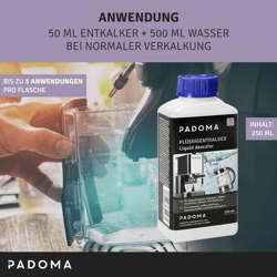 PADOMA Flüssigentkalker 250 ml Entkalker für Kaffeemaschine Kaffeevollautomat Wasserkocher Espressomaschine bis 5 Anwendungen