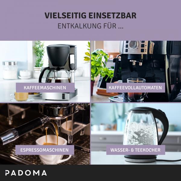 PADOMA Flüssigentkalker 250 ml Entkalker für Kaffeemaschine Kaffeevollautomat Wasserkocher Espressomaschine bis 5 Anwendungen