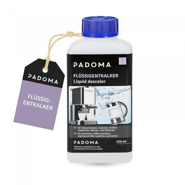 PADOMA Flüssigentkalker 250 ml Entkalker für Kaffeemaschine Kaffeevollautomat Wasserkocher Espressomaschine bis 5 Anwendungen