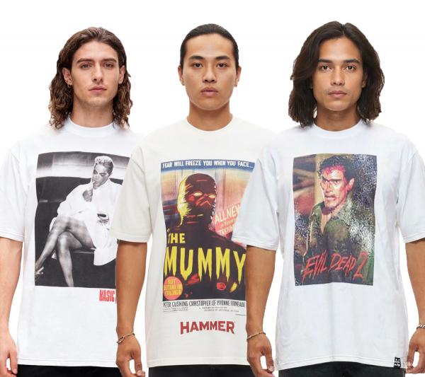 RE:COVERED X Studio Canal oder Hammer Herren T-Shirt EVIL DEAD 2, Die Mumie oder Basic Instinct Baumwoll-Shirt mit großem Print Rundhals-S