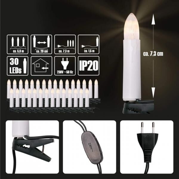 Lichterkette 30 LED-Kerzen EU-Stecker weiß 7,3 m