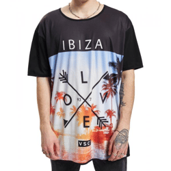 vsct Ibiza Love Men's Cotton T-Shirt with Large Beach Print, Crew Neck, 5643296, Black