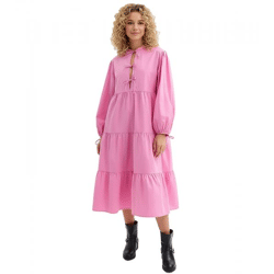 weites Damen Midi-Kleid mit Schleifen aus reiner Baumwolle Langarm-Kleid 977645 Rosa