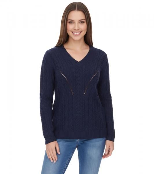 Aniston CASUAL Knit Sweater with V-neck Everyday Sweater with Cotton Blend Long-Sleeve Shirt 38049702 Dark Blue