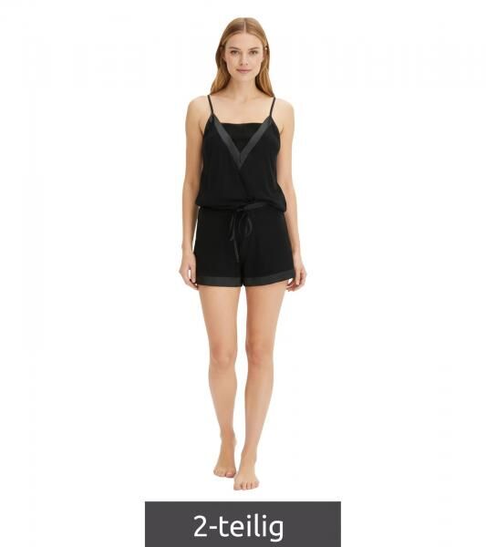 eleganter Damen Pyjama 2-teiliger Baumwoll-Shorty mit Satinbesatz kurzes Schlafanzug-Set bestehend aus Ober- und Unterteil 936951 Schwarz