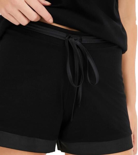 eleganter Damen Pyjama 2-teiliger Baumwoll-Shorty mit Satinbesatz kurzes Schlafanzug-Set bestehend aus Ober- und Unterteil 936951 Schwarz