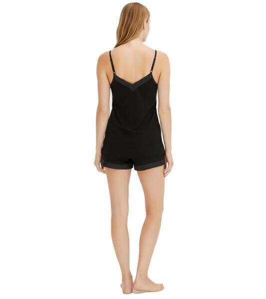 eleganter Damen Pyjama 2-teiliger Baumwoll-Shorty mit Satinbesatz kurzes Schlafanzug-Set bestehend aus Ober- und Unterteil 936951 Schwarz