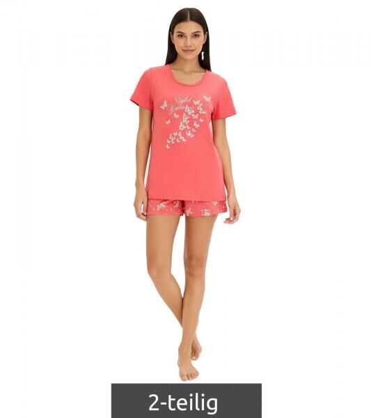gem&uuml;tlicher Damen 2-teiliger Pyjama Baumwoll-Pyjama Shorty-Set mit Schmetterlingen kurzer Schlafanzug 930329 Rosa/Wei&szlig;