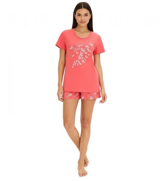 gem&uuml;tlicher Damen 2-teiliger Pyjama Baumwoll-Pyjama Shorty-Set mit Schmetterlingen kurzer Schlafanzug 930329 Rosa/Wei&szlig;