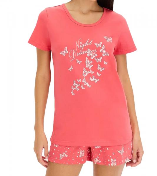 gem&uuml;tlicher Damen 2-teiliger Pyjama Baumwoll-Pyjama Shorty-Set mit Schmetterlingen kurzer Schlafanzug 930329 Rosa/Wei&szlig;
